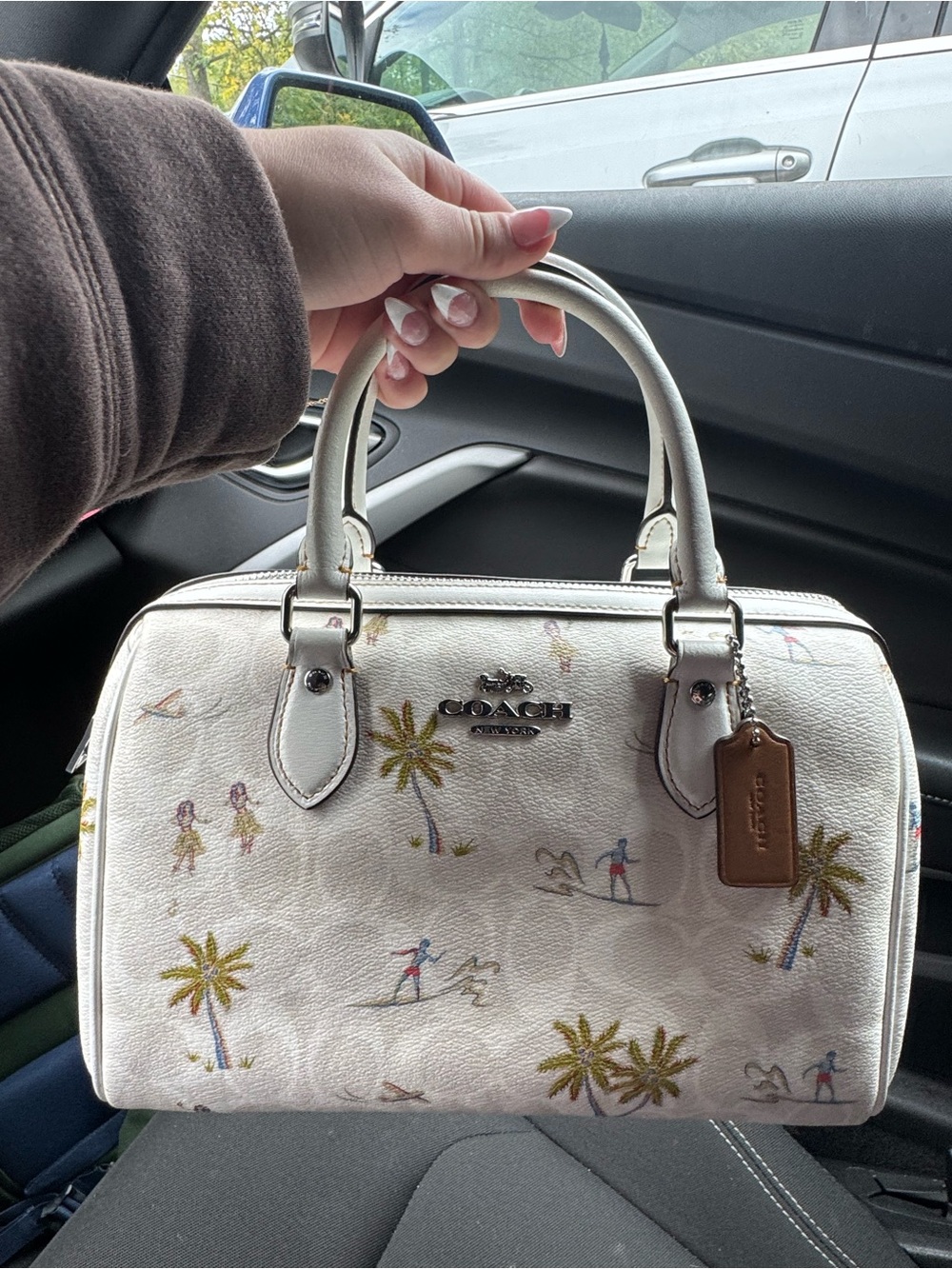 COACH White Signature Canvas Rowan Satchel with Tropical Palm & Surf Print